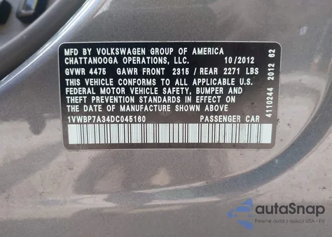 2013 Volkswagen Passat 2.5L Se z USA, uszkodzony, nr VIN 1VWBP7A34DC045160